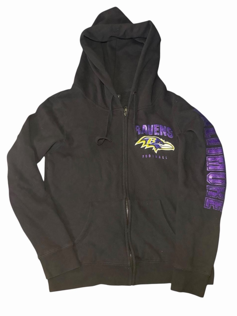 NFL Team Apparel Baltimore Ravens Black Zip Up Hoodie Glitter Print Medium